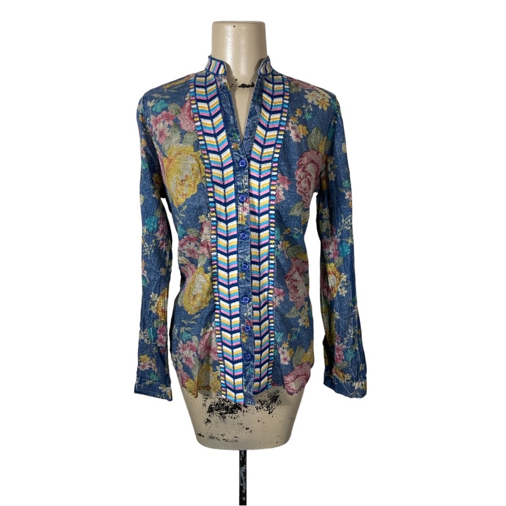 Chambray Floral Rose Embroidered Banded Collar Blouse Boho Chic Sz S